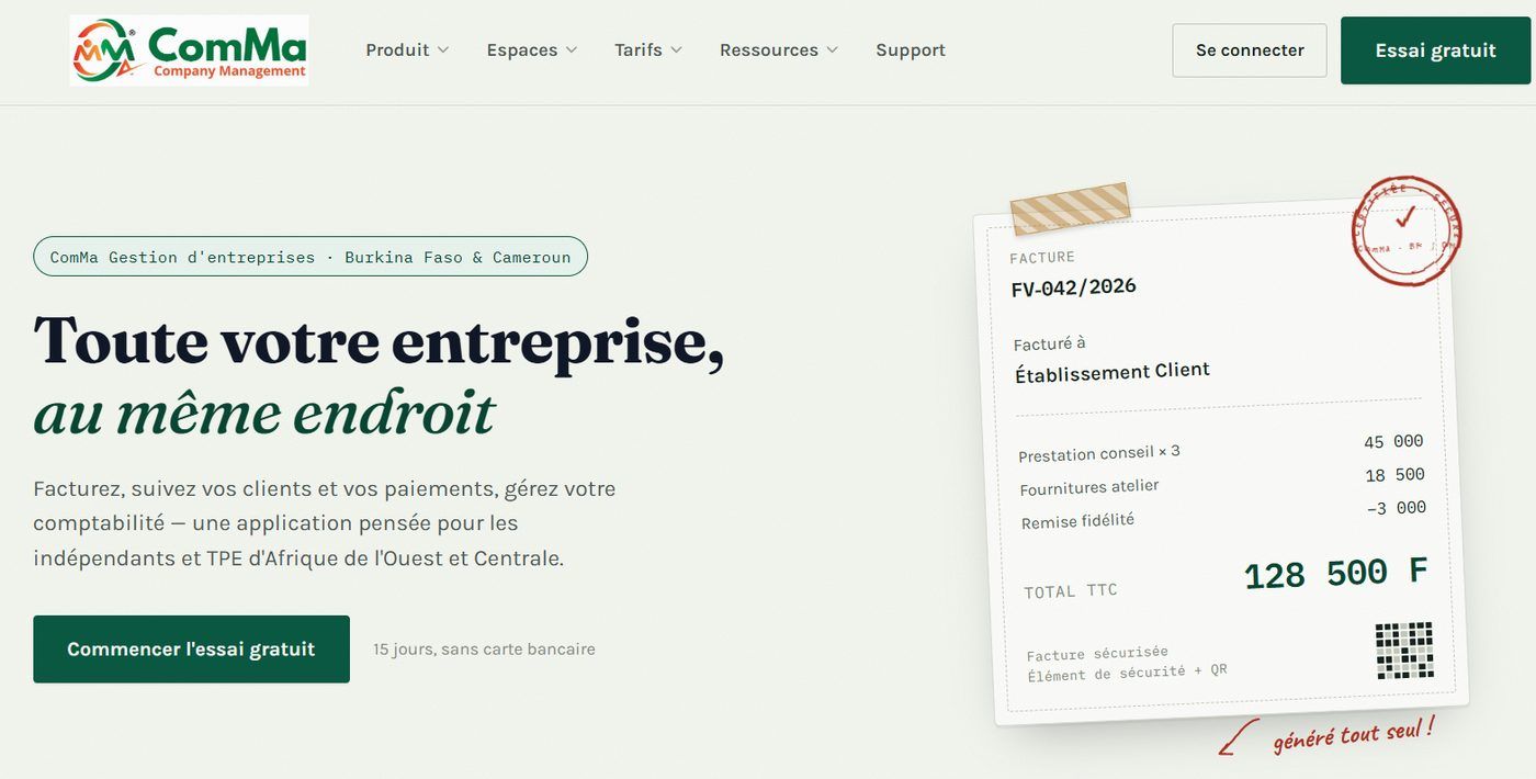 Page d'accueil de ComMa Gestion d'entreprises