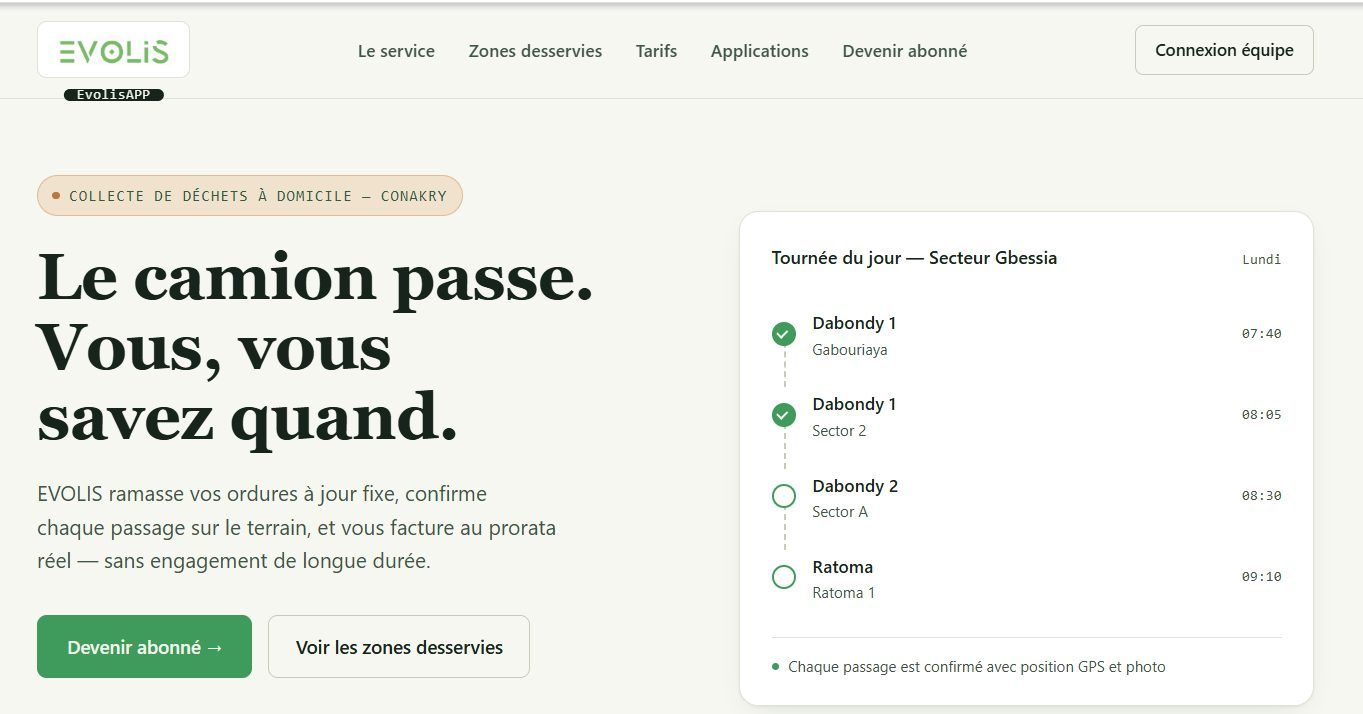 Page d'accueil d'EvolisAPP, tournée du jour secteur Gbessia